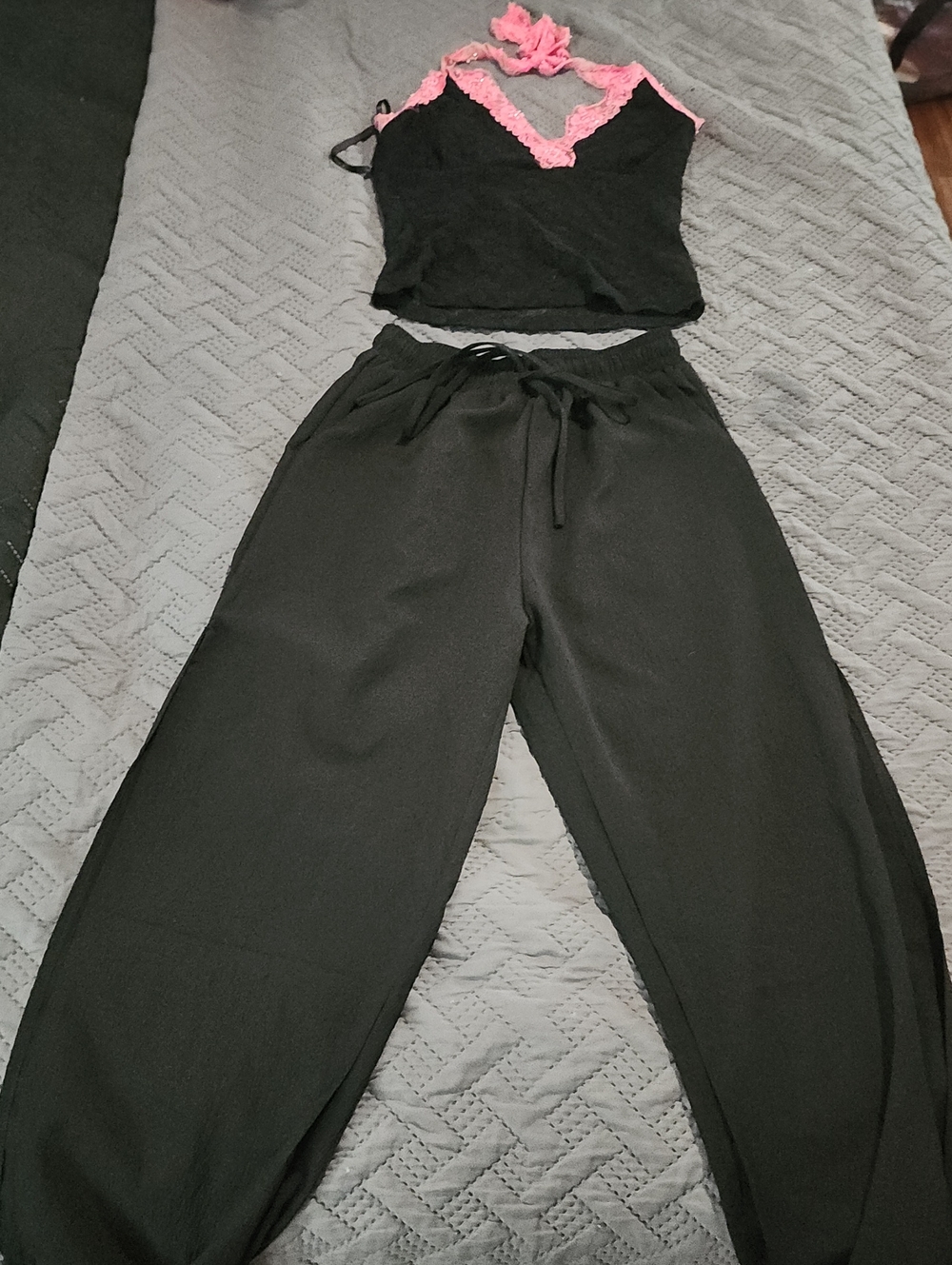 2 Pc Black Wide-Leg Drawstring Pants - Women's